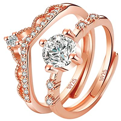 Colorful Outdoor 2 STK Zirkon. Diamant Ring Weibliche Mode Persönlichkeit Licht Luxus Öffnung Verstellbarer Königin Ringe für Eternal Hochzeit Frauen (Rose Gold)
