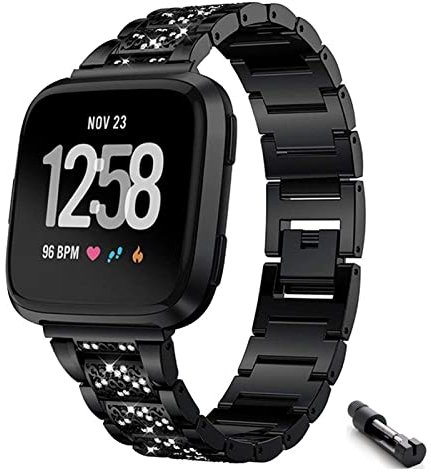 Armband für Fitbit Versa/Versa 2/ Versa Lite/Versa SE Armband, Frauen Strass Glitzer Verstellbare Edelstahl Ersatzbänder Armband Kompatibel mit Fitbit Versa/Versa 2/ Versa Lite/Versa SE (Schwarz)
