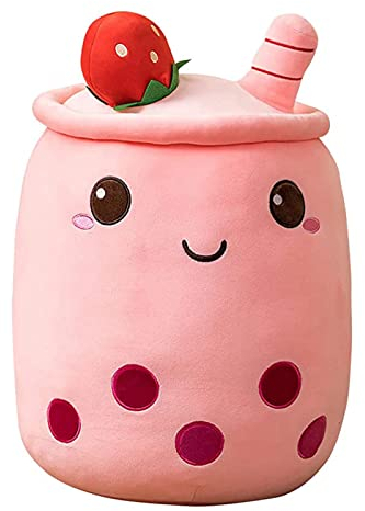 Domeilleur BoBa Plushie, Bubble Tea Plushi, Doll Plush Soft Pillow Stuffed Toy Milk Cup Shaped Hugging Cushion, Gift for Girlfriend Adult Skin-friendly Comfortable Cuddle, Red 2 Round Eyes, 35cm