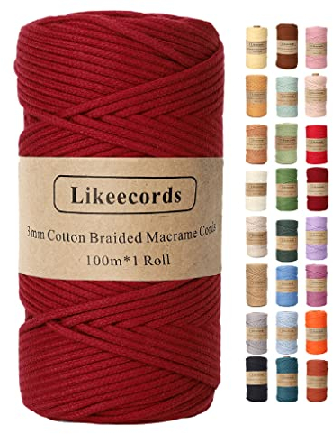 Likeecords Makramee Garn Geflochten 3mm x 100m,100% Natürliches Baumwollschnur Makramee-Schnur, Makramee-Seil, bunte Bastelkordel aus Baumwolle für Taschen, Wandbehänge, Pflanzenaufhänger (Dunkel rot)