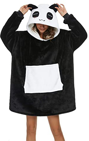 Luojida Felpa Donna con Cappuccio Animale Oversize Panda Plaid Super Morbida e Calda con Tasca Frontale Coperta con Maniche Famiglia Pigiama Pile Invernale Aldult Taglia Unica
