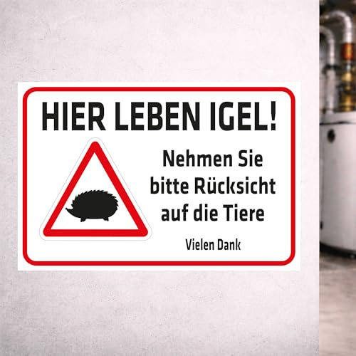INDIGOS UG - Schild Hier Leben Igel - Nehmen Sie Rücksicht auf die Tiere - 300x200 mm - 3mm Aluverbund Schilder für Hotel, Firma, Schutz, Kita, Arzt, Praxis, Wohnung - UV- & wetterbeständig