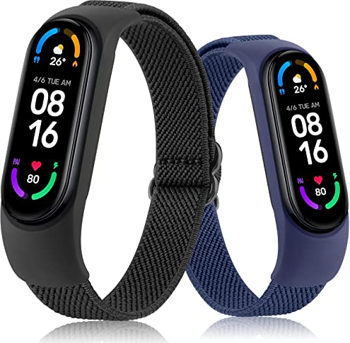 AK Armband Kompatibel mit Xiaomi Mi Band 6 / 5 / 4 / 3 / Amazfit Band 5, Nylon Elastisch Sport Uhrenarmband für Mi Band 6/5/4/3/Amazfit Band 5 (Schwarz+Navy blau)
