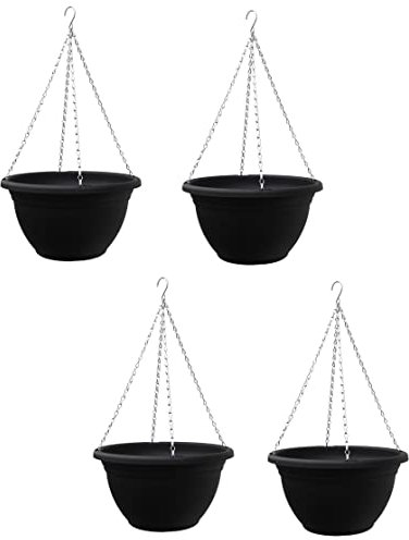 Garden Gear Outdoor Wall Hanging Baskets with Chains, 35cm Garden Flower Plant Pots, Black Easy Fill Planters Outdoor Garden Decor Decorations (Black x4)