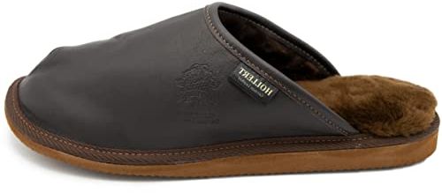 Hollert Herren Lammfell Hausschuhe LUITPOLD Pantoffeln echt Merino Schaffell Echtleder warm und bequem Größe 44 EU, Farbe Braun