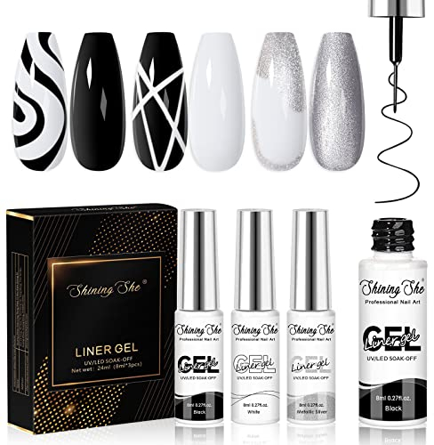 Shining She Gel Liner Nagellack Set - 3 Farben Schwarz Silber Weiß für UV Nail Art Drawing Lines - Soak-Off Polish für Anfänger DIY, 8ML