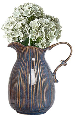 Ceramic Pitcher Jug Vase Vintage Style Blue & Gold Rippled Decorative Navy Blue Earthenware Floral Vase with Gold Brushed Details Spring Summer Wedding Anniversary Home Gift