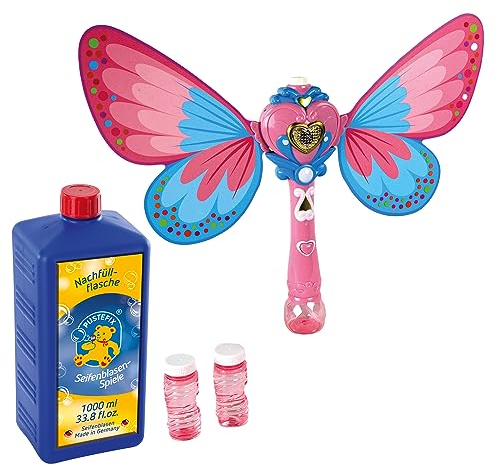 PUSTEFIX Zauberstab Butterfly I Seifenblasen Stab mit Nachfüllflasche Maxi 1L I Mit Ventilator, Licht & Soundeffekten I Leicht abnehmbare Flügel
