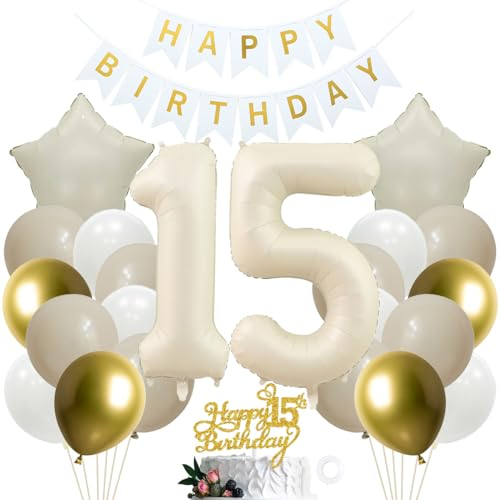 SNOWZAN 15. Geburtstag Deko für Mädchen und Jungen - Weiß Gold Party Set mit Kuchen Topper - 15th Birthday Decorations für 15 Jahre Geburtstagsdeko
