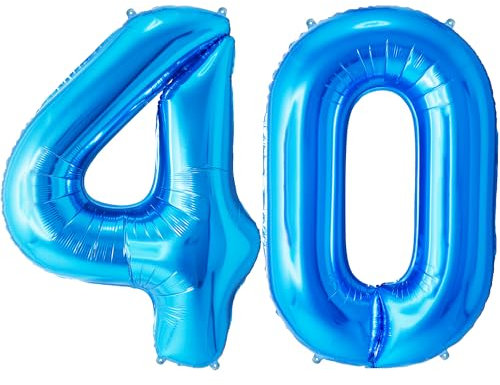 FUNFEST Luftballons zum 40. Geburtstag, blaue Farbe, 100 cm – Geburtstagsballon-Dekoration – inklusive XL-Ballon zum 40. Geburtstag und Strohhalm – Fliegen mit Helium