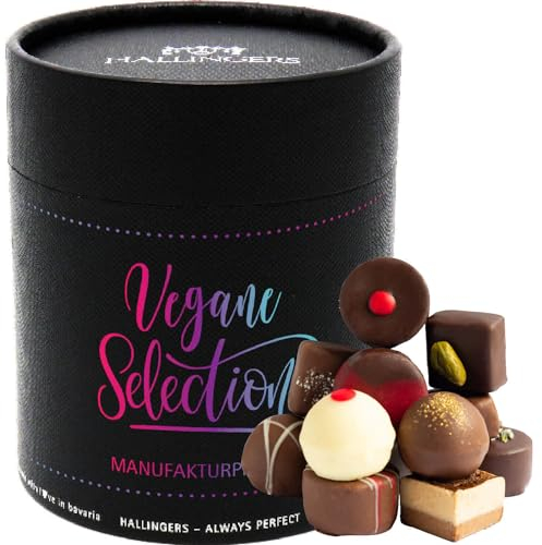 Hallingers Vegane Selection XXL - Vegane Manufaktur Pralinen Geschenk handmade teils mit Alkohol aus veganer Schokolade (Dose) - Geschenk im Sommer & als perfektes Grillgeschenk | Danke Neues Zuhause