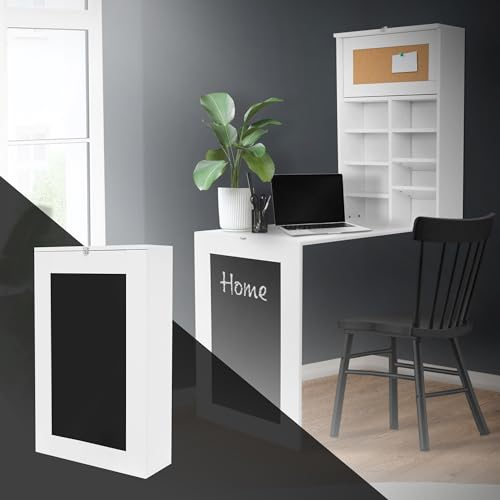 ML-Design Wandtisch klappbar, Weiß, Wandklapptisch mit Tafel, 8 Fächern und Pinnwand, Schreibtisch zum ausklappen, Klapptisch Wandmontage, Klappschreibtisch mit Regal, Esstisch Laptoptisch Bartisch