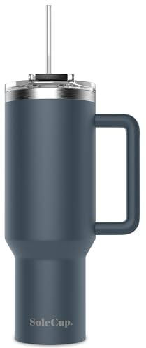 SoleCup. 40oz Travel Mug with Handle, Lid and Two Straws, Drinks Stay Hot for 8 Hours, Cold for 24 Hours, Double Wall Vacuum Insulated Stainless Steel Tumbler… (Charcoal, 40oz)