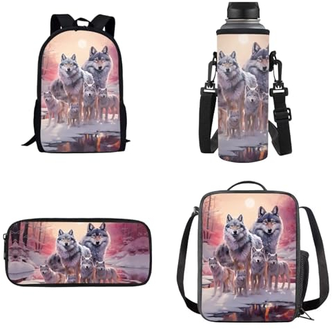 UOIMAG Schultaschen-Sets für Jungen und Mädchen, Rucksack mit Lunchtasche, Federmäppchen, Wasserflaschenhalter, Kindertaschen, Wolf Familie, Einheitsgröße, Schulranzen-Set