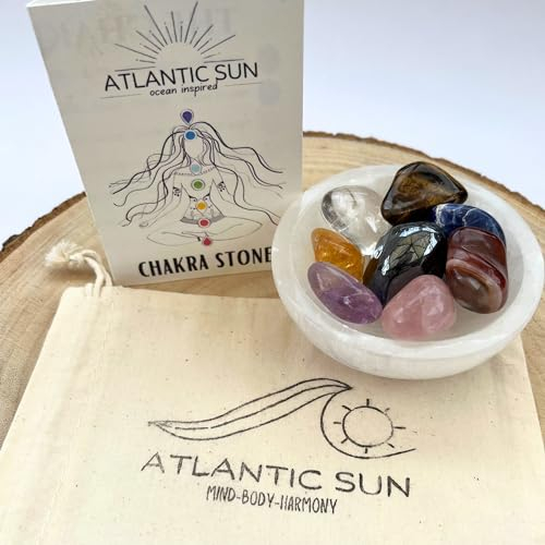 Atlantic Sun, Natural Chakra Crystals Gift Set, Pure 8cm Selenite Bowl, 7 Chakra Crystals, Bonus Tiger's Eye Gemstone, Crystal Healing, Spiritual & Reiki, Energy Cleansing, Meditation, Plus Gift