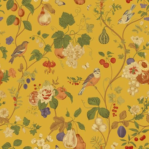 VEELIKE Yellow Chinoiserie Floral Wallpaper Vintage Bird Wallpaper Peel and Stick Yellow Flower Wallpaper Self Adhesive Patterned Wallpaper for Bedroom Bathroom Wall Mural Removable 44.5cm×300cm