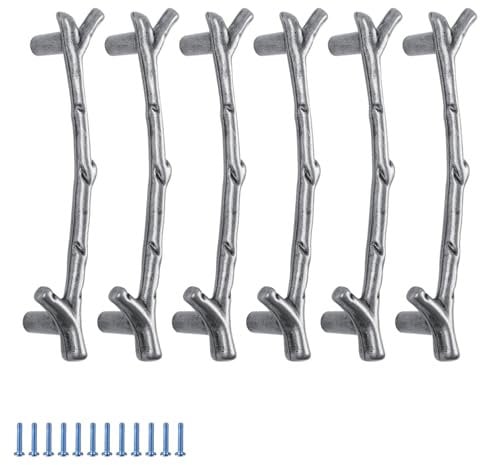 Vipuikos 6 Pack Cupboard Door Handles, Silver Door Handles Internal 96mm Hole Centers, Classic Tree Branch Shape Wardrobe Handles, T Bar Handles for Kitchen and Bedroom
