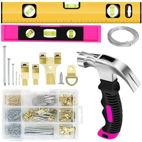 FOVERN1 Picture Hanging Hooks Kit,316PCS Picture Frame Hanging Tool-with Hooks, Wire, Nails, D-Ring, Magnetic Level,Picture Hooks-Picture Hanging with Heavy Duty Frame Hooks
