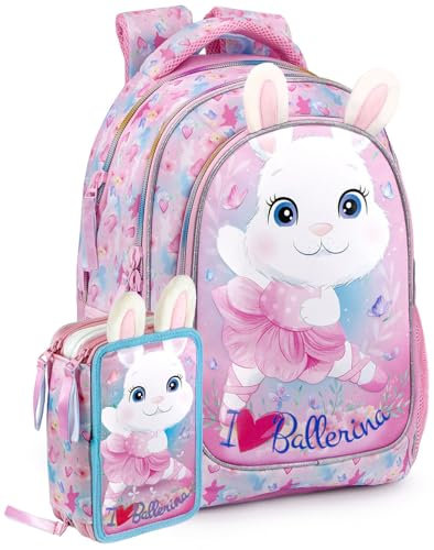 Schulrucksack + 3‑Fach Federmäppchen 45 Teile – Klasse 1–4 – Deluxe Grundschul‑Set gefüllt, ergonomisch 43×33×15 cm – Geschenk für Mädchen – Julian Ross Design Ballerina Häschen mit Plüsch-Ohren