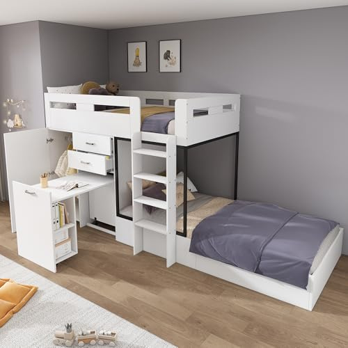 Rtopsu Letto per Bambini a Castello 90x200 cm, Letto per Ragazzi con Contenitore Cassetti e Armadio, Letti a Soppalco con Scala e Scrivanie, Letti con Scaffale e Rete a Doghe, Bianco, Senza Materasso