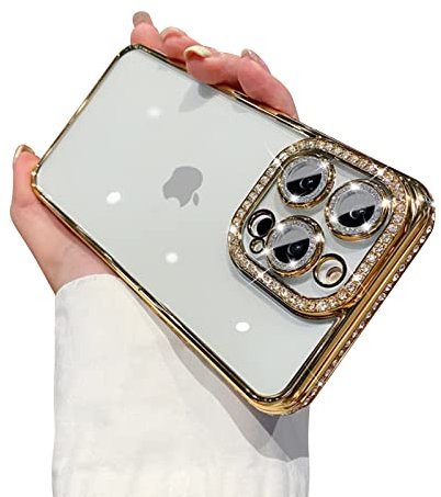 Reownest Clear for iPhone 16 Pro Max Case Cute Crystal Glitter Bling Women Girls Aesthetics Phone Cover with Sparkle Diamond Camera Len Protector -Gold