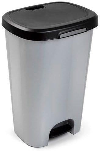 Acan Tradineur - Cubo de Basura con Pedal, plástico, Papelera, contenedor residuos, Reciclaje, fácil Vaciado, Fabricado en España (Negro y Plata - 50 litros - 62 x 41 x 35 cm)