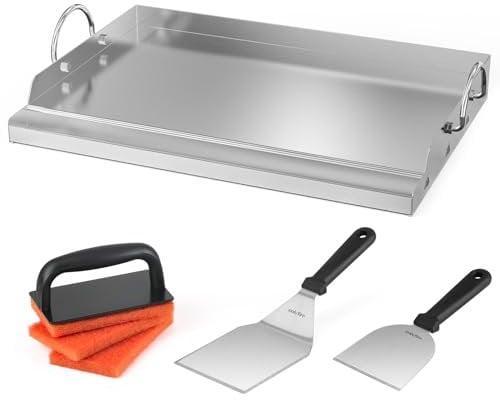 Onlyfire Piastre per Barbecue in Acciaio Inox con Raschietto per Barbecue, Spatola per Piastra e Spugne Abrasive per Barbecue a Gas e a Carbonella, BBQ Plancha e Kit di Accessori per BBQ, 58.5×40×7 cm