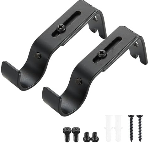 GEMMAHW Black Iron Curtain Pole Brackets (Pack of 2), Adjustable Curtain Pole Wall Hooks for 25mm Rods, Wall Mount Curtain Rail Brackets with Screws, Secure Support
