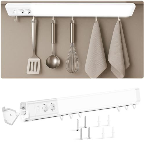 ALUSSO Unterbauleuchte mit Steckdosen 80cm, 15W 1300lm LED Werkbankleuchte mit 6 Haken, 4000 Kelvin Neutralweiß LED Unterbauleuchte 230V, weiß