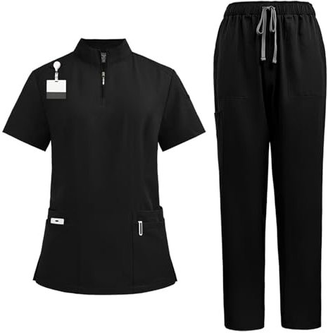 Meichoon, uniformes médicos para mujer, cuello en V, cremallera, manga corta, cordón elástico, pantalón de yoga, transpirable DK50Negro XXL