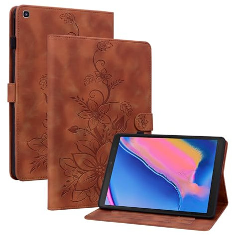 Rosbtib Coque pour Samsung Galaxy Tab A 8.0 (2019) 8 SM-T290/T295, Multi-Angles de Visualisation Housse de Protection en Similicuir avec Porte-Carte Couverture Motif Lys, Marron