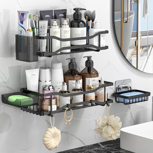 ADOV Portaoggetti da doccia, confezione da 3 mensole da bagno in acciaio inox antiruggine con adesivo, grande ripiano doccia con portasapone e ganci, senza trapano, per organizzare la parete