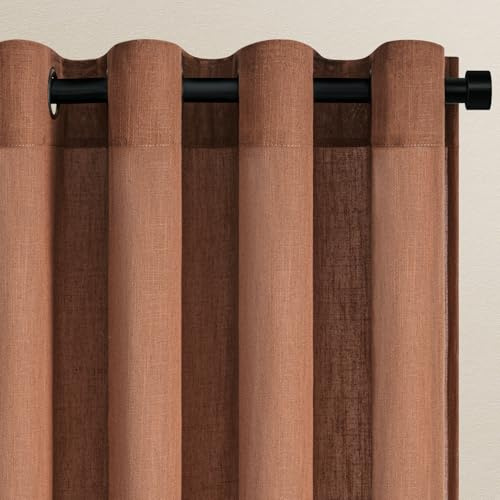 Topfinel Vorhänge Terrakotta Vorhang Ziegelrot Leinen mit Ösen Gardinen Wohnzimmer Halbtransparent Gardine Ösenschal Schlaufenschal Lichtdurchlässig für Schlafzimmer 140x245cm 2er Set