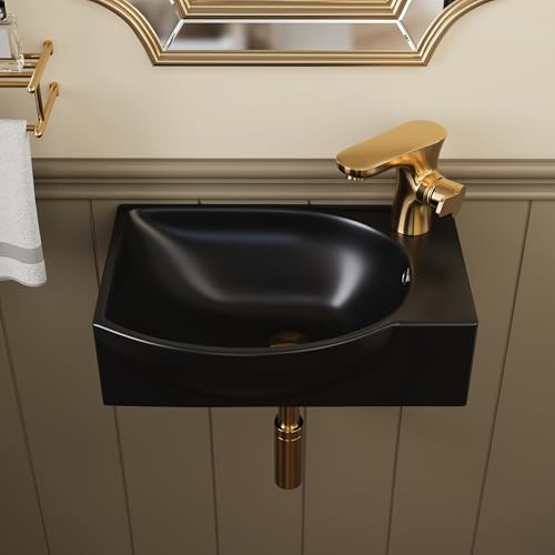 Lavabo mural DeerValley 305×240 mm, vasque rectangulaire en céramique noire mate, cuve à gauche avec trou de robinet à droite, parfait pour les espaces modernes et compacts