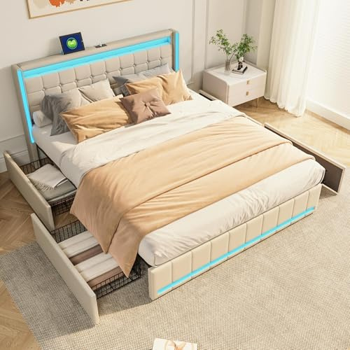 WSOFZMO Doppel Bett 140x200 mit Lattenrost, Polsterbett Doppelbett 140x200 mit Stauraum, Boxspringbett Jugendbett, Betten mit 4 Schubladen, Leinen, ohne Matratze (Neu03 Weiß, 140 * 200)