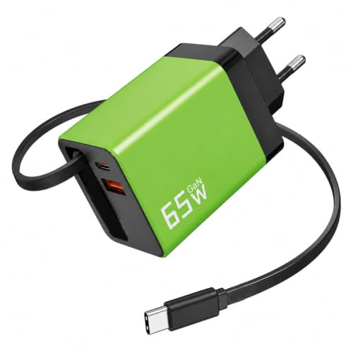 65W USB C GaN Schnellladestecker, 3Port GaN Mehrfach Ladegerät Mit Schnell Einziehbares Ladekabel Charger Adapter PPS 65W Schnellladegerät Für iPhone 17 16 15 14, Galaxy, MacBook Pro, iPads, Grün