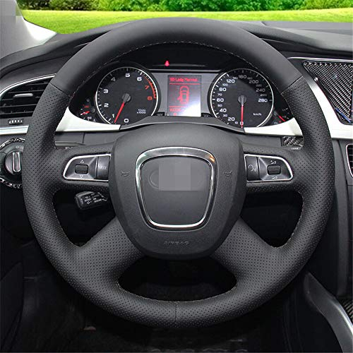 LUOERPI Schwarzes echtes Leder handgenäht Auto Lenkradbezug, für Audi alte A4 B7 B8 A6 C6 2004-2011 Q5 2008-2012 Q7 2005-2011