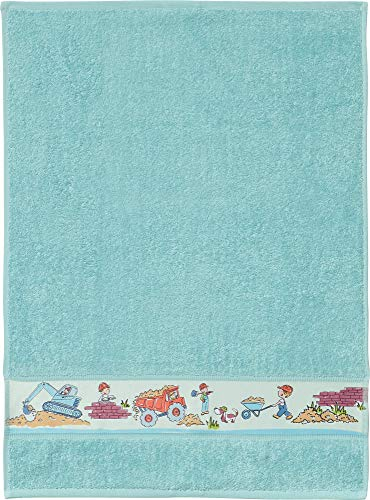 Erwin Müller Walk-Frottier Kinder-Handtuch mit Baustellen-Bordüre türkis Größe 50x70 cm - schnell trocknend und extra saugstark, mit beidseitige Schlaufen