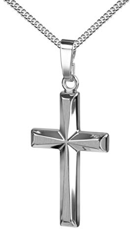 JEVELION Kreuz-Anhänger + Panzerkette 925 Silber für Damen, Herren und Kinder in hochglanz poliert mit 3D-Effekt als Kettenanhänger 925 Silber mit Schmuck-Etui