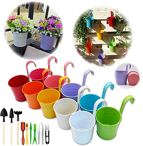 GIOVARA Blumentöpfe zum Aufhängen, hängend Blumentopf ohne Ablaufloch, 10 Stück Bunte Balkon Garten Töpfe mit Werkzeugen, Blumentopf aus Metall für Pflanzen mit abnehmbare Henkel