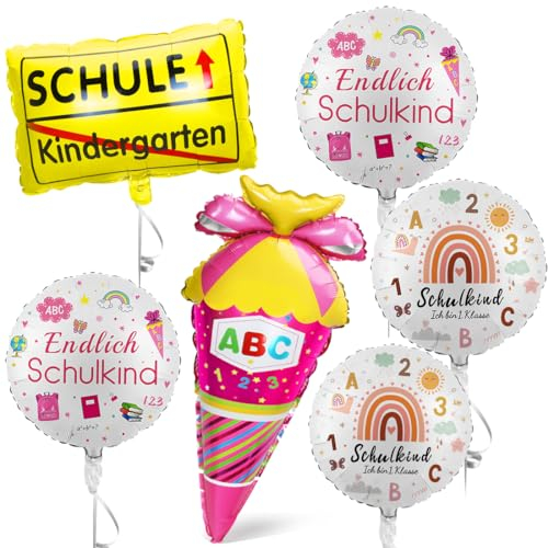 6 Schulanfang Folienballon, Einschulung Mädchen Deko, ABC Zuckertüten Helium Ballon, Endlich Schulkind Schuleinführung Folien ballons, HURRA SCHULE Kindergarten Schulstart Folien Ballon for child