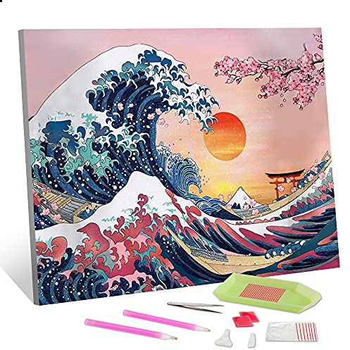 TISHIRON Diamond Painting Kanagawa Welle Sonnenuntergang Bilder 5D DIY Diamant Malerei Stickerei Kit Runde Bohrer Erwachsene Kinder für Büro Wand Haus Dekoration