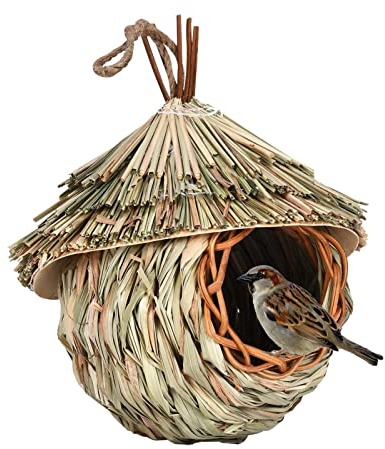 Yiida Maison de colibri pour extérieur, nid d'oiseau en corde de paille tissée à la main, corde en herbe naturelle tissée à la main, nichoir pour oiseaux pour mésanges canariennes Audubon, décoratio