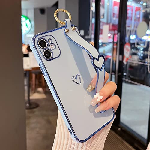ZTOFERA Coque Étui pour iPhone 11 avec Dragonne Rétractable et Poignée de Support, Housse en Silicone Souple avec Motif Cœur pour Filles et Femmes Antichoc Protective Case Cover, Bleu Sierra