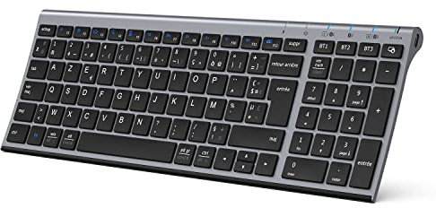 iClever Clavier Bluetooth, Clavier sans Fil Multi-dispositifs avec 3 Canal Bluetooth,Clavier AZERTY Français, USB-C, Ultra-Mince, pour Apple MacOS, iOS, Android, PC