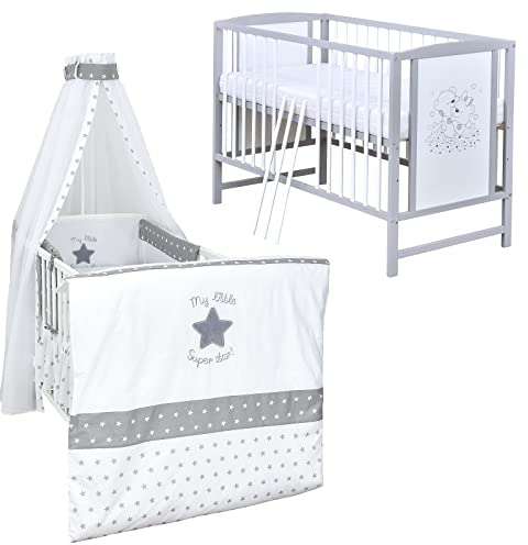 Baby Delux Babybett Komplett Set Kinderbett Mia 120x60 weiß grau Matratze Bettwäsche Set mehrteilig (Super Star)