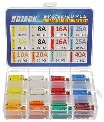 BOJACK 8 sortes 120 pièces Fusibles Torpilles Jeu De Fusibles Torpedo Fusibles 5A 8A 10A 16A 20A 25A 30A 40A Protège les circuits automobiles avec une boîte en plastique pour voitures anciennes