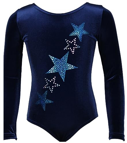Mädchen Langarm Gymnastikanzug Sterne aus Stretch Samt blickdichter Kinder Turnanzug mit Rundhals Strasssteine Turnbody, Größe:34