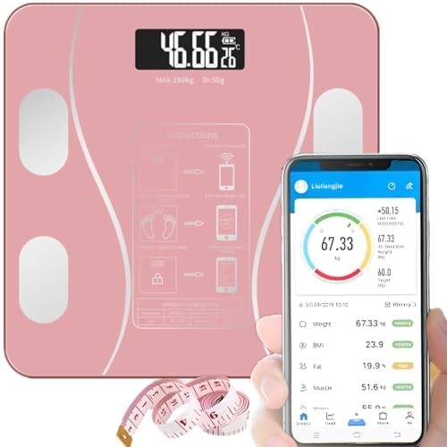 YOPOTIKA Körperfettwaage, Waage Personen Personenwaage digital, Bluetooth Waage, besonders schlankes Design, Gewichtsanzeige (kg), Körperwaage aus Sicherheitsglas (Rosa)