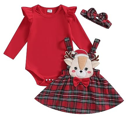 Newborn Baby Girl Christmas Dress Clothes Ruffle Long Sleeve Romper Deer Print Suspender Plaid Skirt Headband Set (A- Red, 6-9 Months)